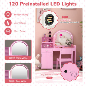 Kids Vanity Table and Chair Set with Shelves Drawer and Cabinet-Pink