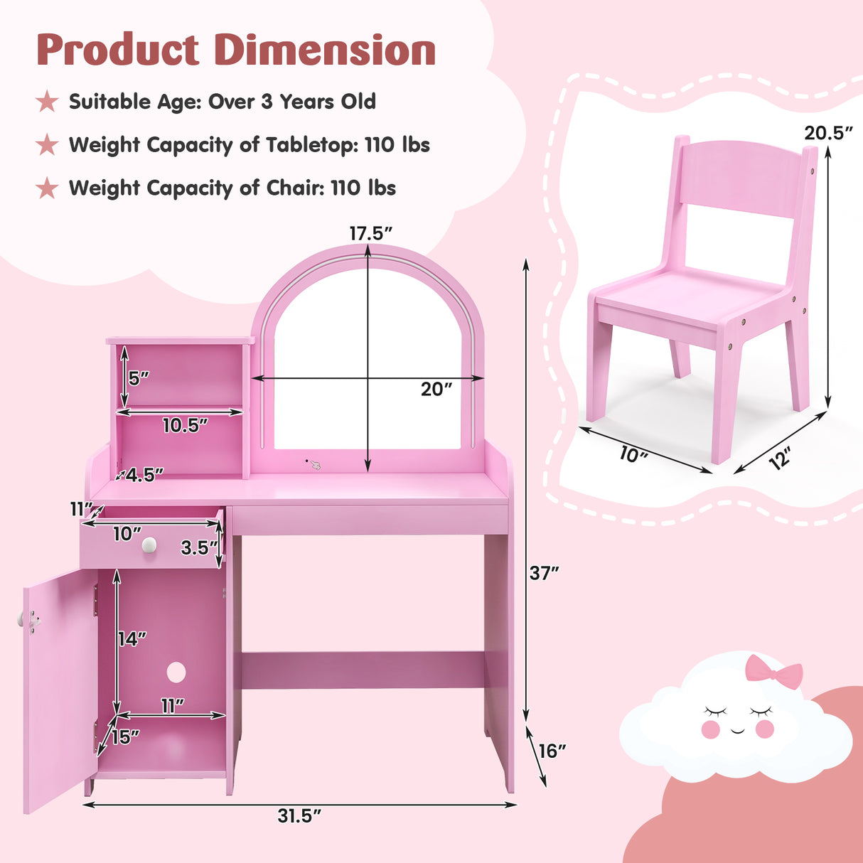 Kids Vanity Table and Chair Set with Shelves Drawer and Cabinet-Pink
