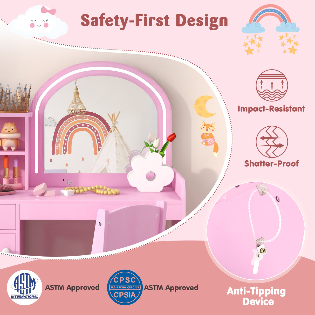 Kids Vanity Table and Chair Set with Shelves Drawer and Cabinet-Pink