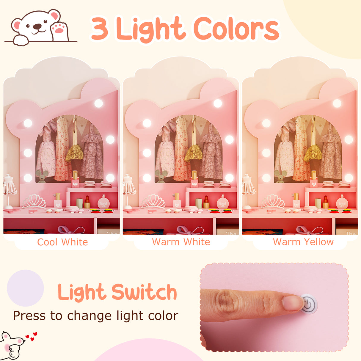 Kids Vanity with Lights and 5 Drawers for Kids Aged 3+ Years Old-Pink