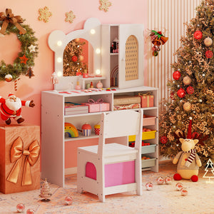 Kids Vanity with Lights and 5 Drawers for Kids Aged 3+ Years Old-White