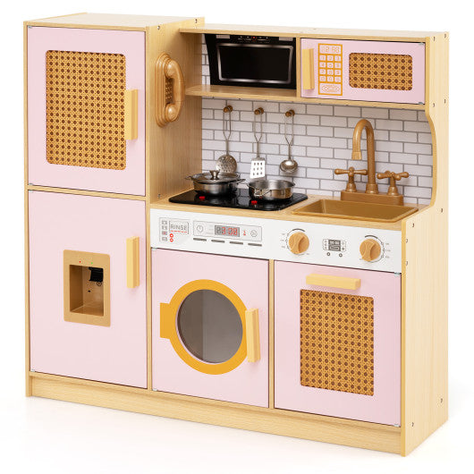 Kids Wooden Kitchen Playset with Realistic Lights and Sounds-Pink