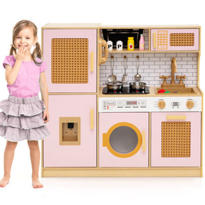Kids Wooden Kitchen Playset with Realistic Lights and Sounds-Pink