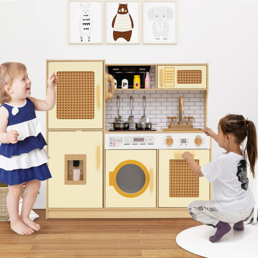 Kids Wooden Kitchen Playset with Realistic Lights and Sounds-Yellow