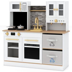 Kids Wooden Kitchen Playset with Stoves Sound Light for 3+ Years Old-White