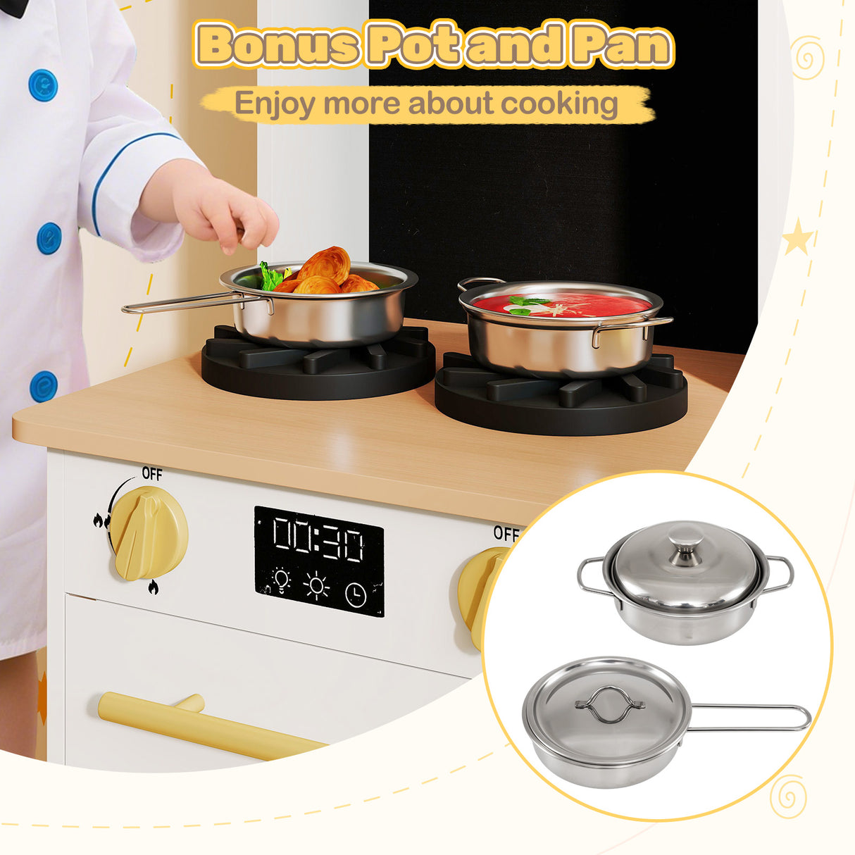 Kids Wooden Kitchen Playset with Stoves Sound Light for 3+ Years Old-White