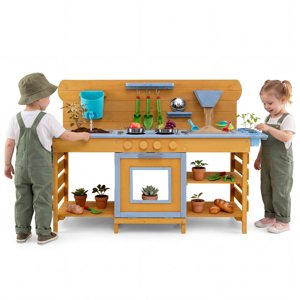 Kids Wooden Mud Kitchen with 2 Sinks and 4 Stoves-Natural