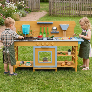 Kids Wooden Mud Kitchen with 2 Sinks and 4 Stoves-Natural