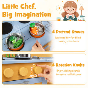 Kids Wooden Mud Kitchen with 2 Sinks and 4 Stoves-Natural