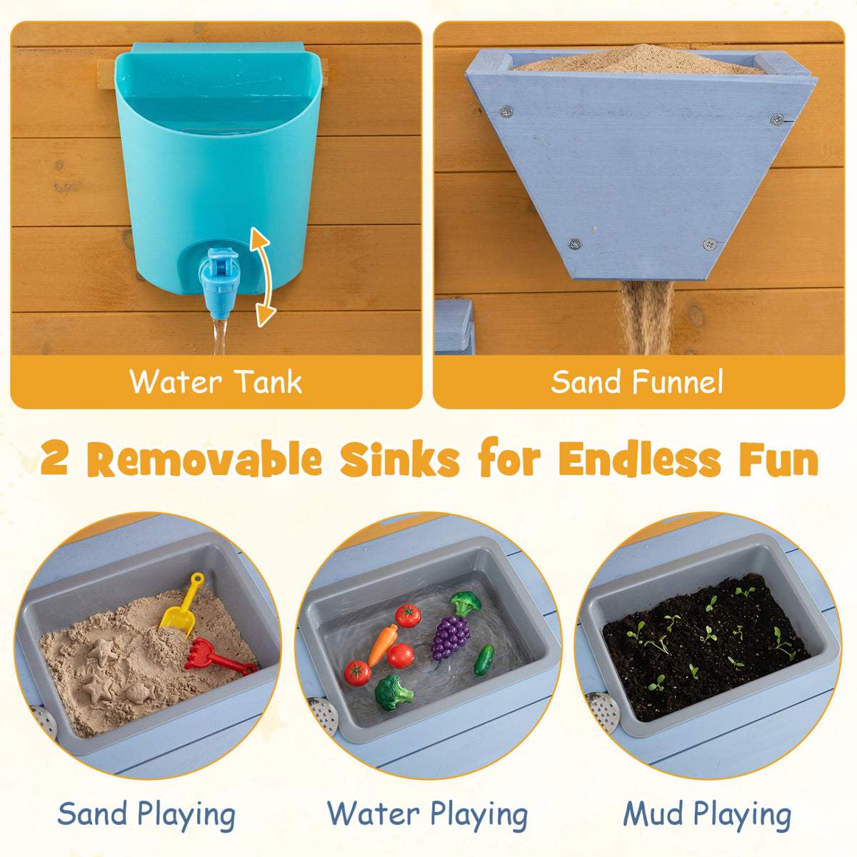 Kids Wooden Mud Kitchen with 2 Sinks and 4 Stoves-Natural