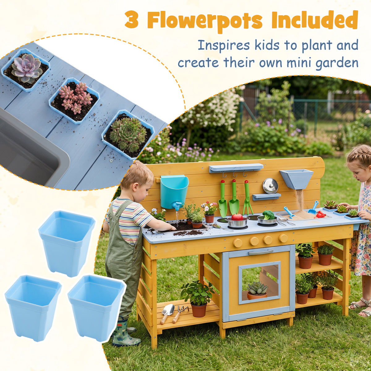 Kids Wooden Mud Kitchen with 2 Sinks and 4 Stoves-Natural