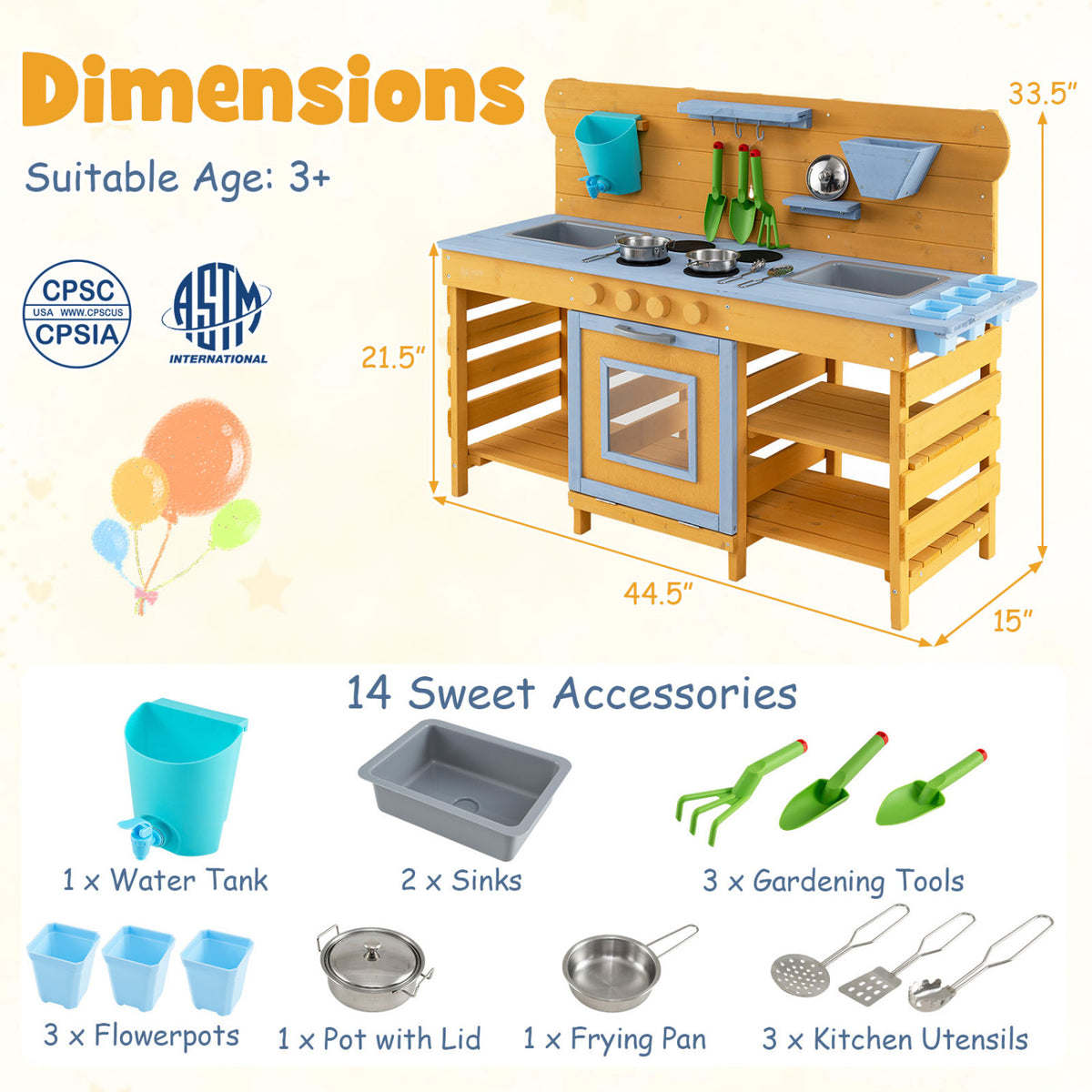 Kids Wooden Mud Kitchen with 2 Sinks and 4 Stoves-Natural