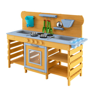 Kids Wooden Mud Kitchen with 2 Sinks and 4 Stoves-Natural