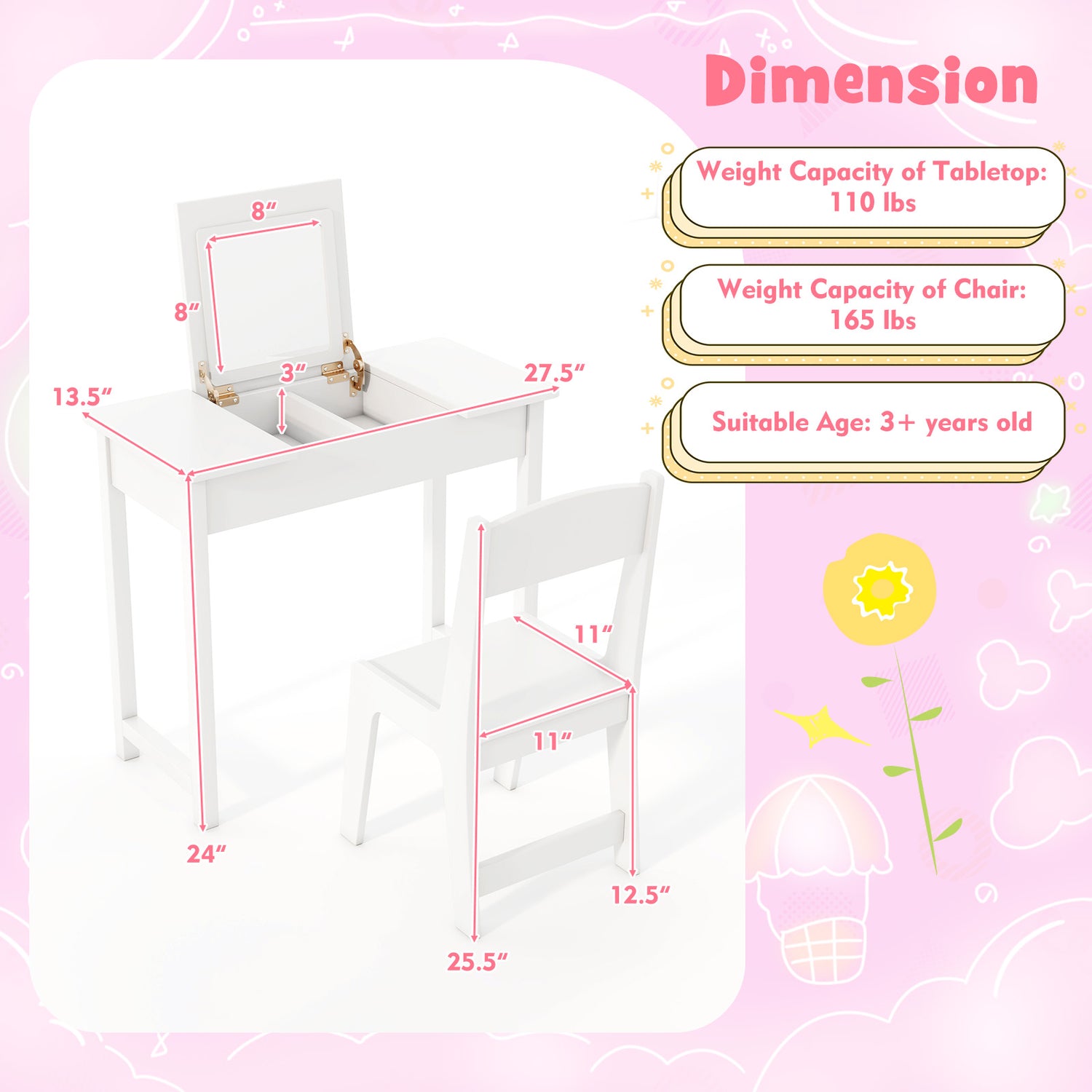 2-in-1 Kids Vanity Makeup Table and Chair Set with Flip Top Mirror-White