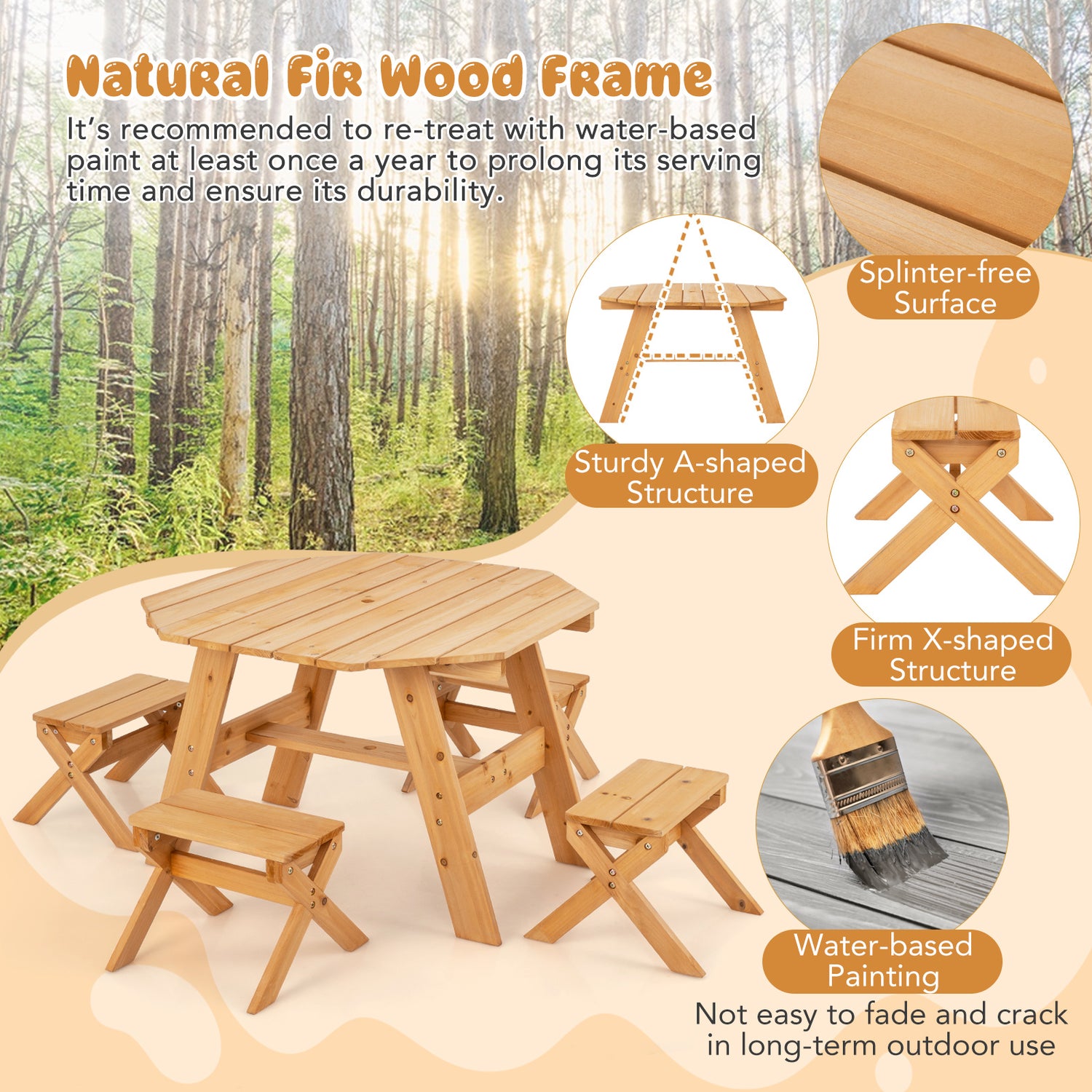 Kids Wooden Table Set for Children Aged 3+ Years-Natural