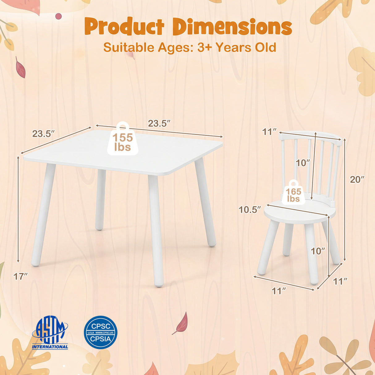 Kids Wooden Table and Chairs Set 3-Piece Toddler Furniture with Pine Wood Frame-White
