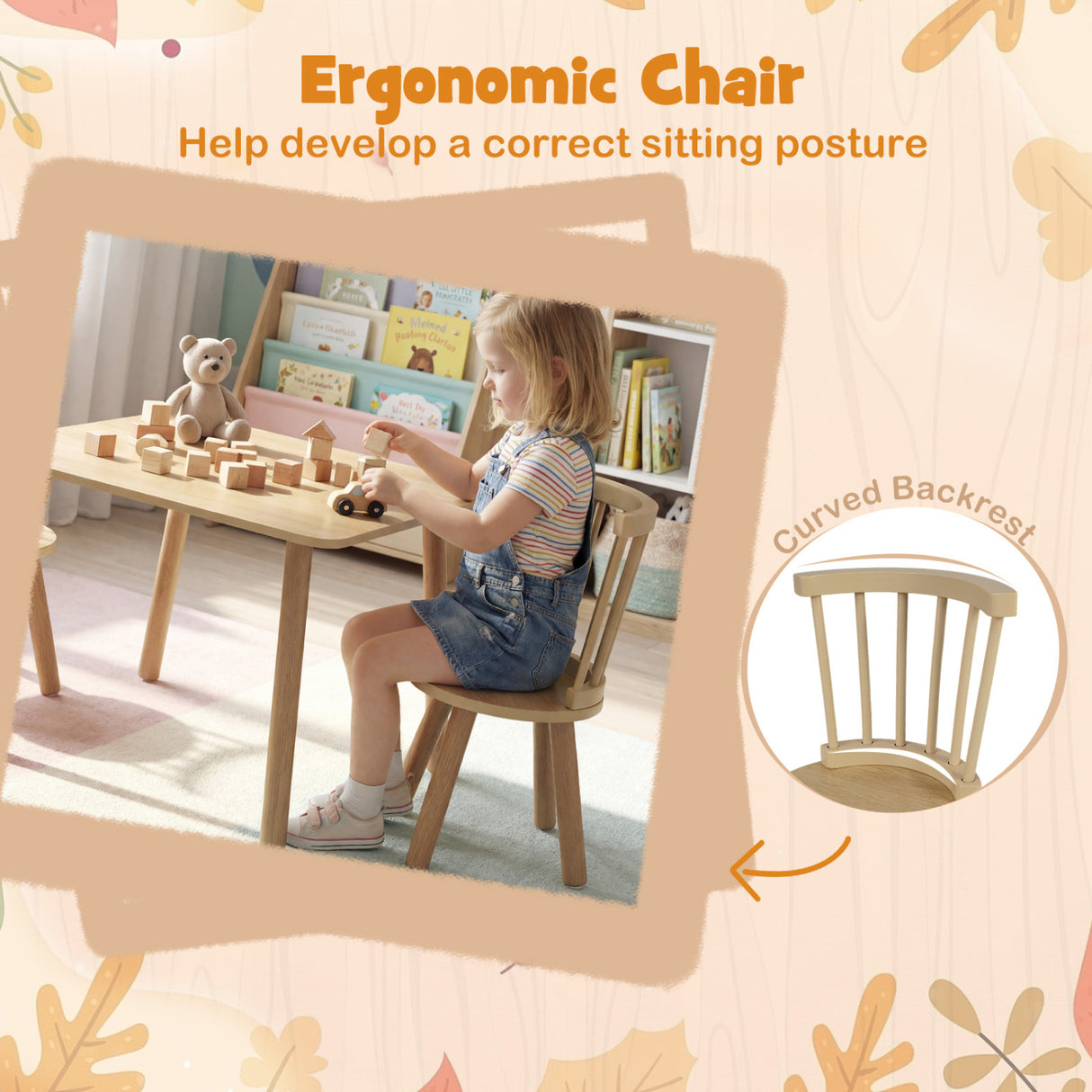 Kids Wooden Table and Chairs Set 3-Piece Toddler Furniture with Pine Wood Frame-Natural