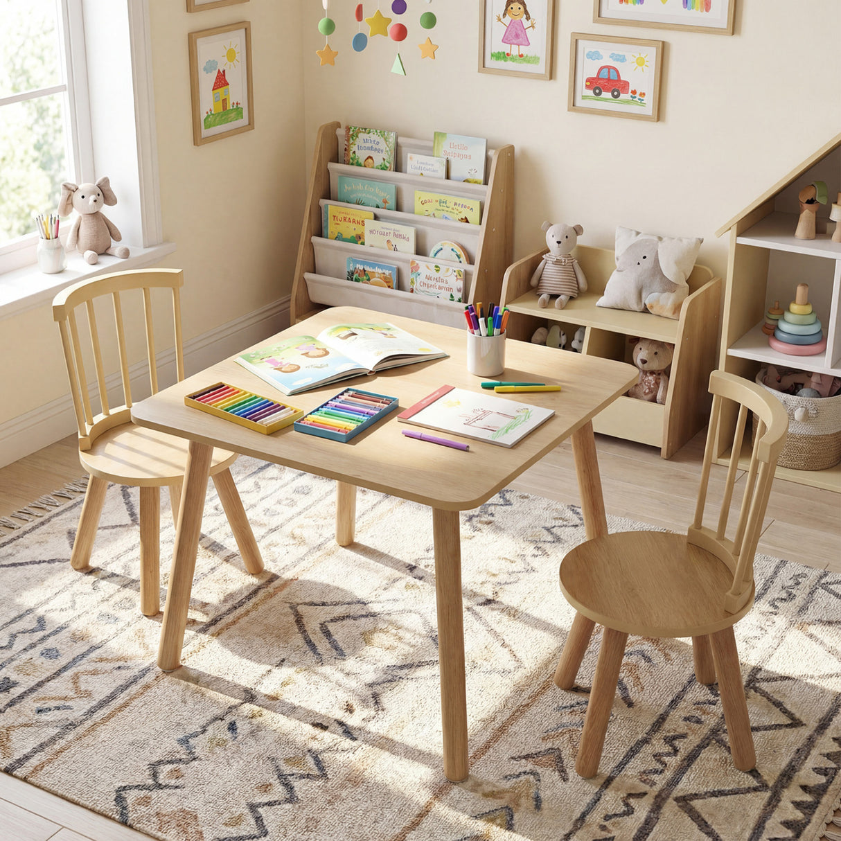 Kids Wooden Table and Chairs Set 3-Piece Toddler Furniture with Pine Wood Frame-Natural