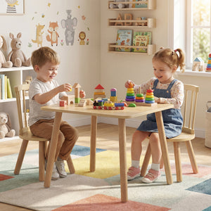 Kids Wooden Table and Chairs Set 3-Piece Toddler Furniture with Pine Wood Frame-Natural