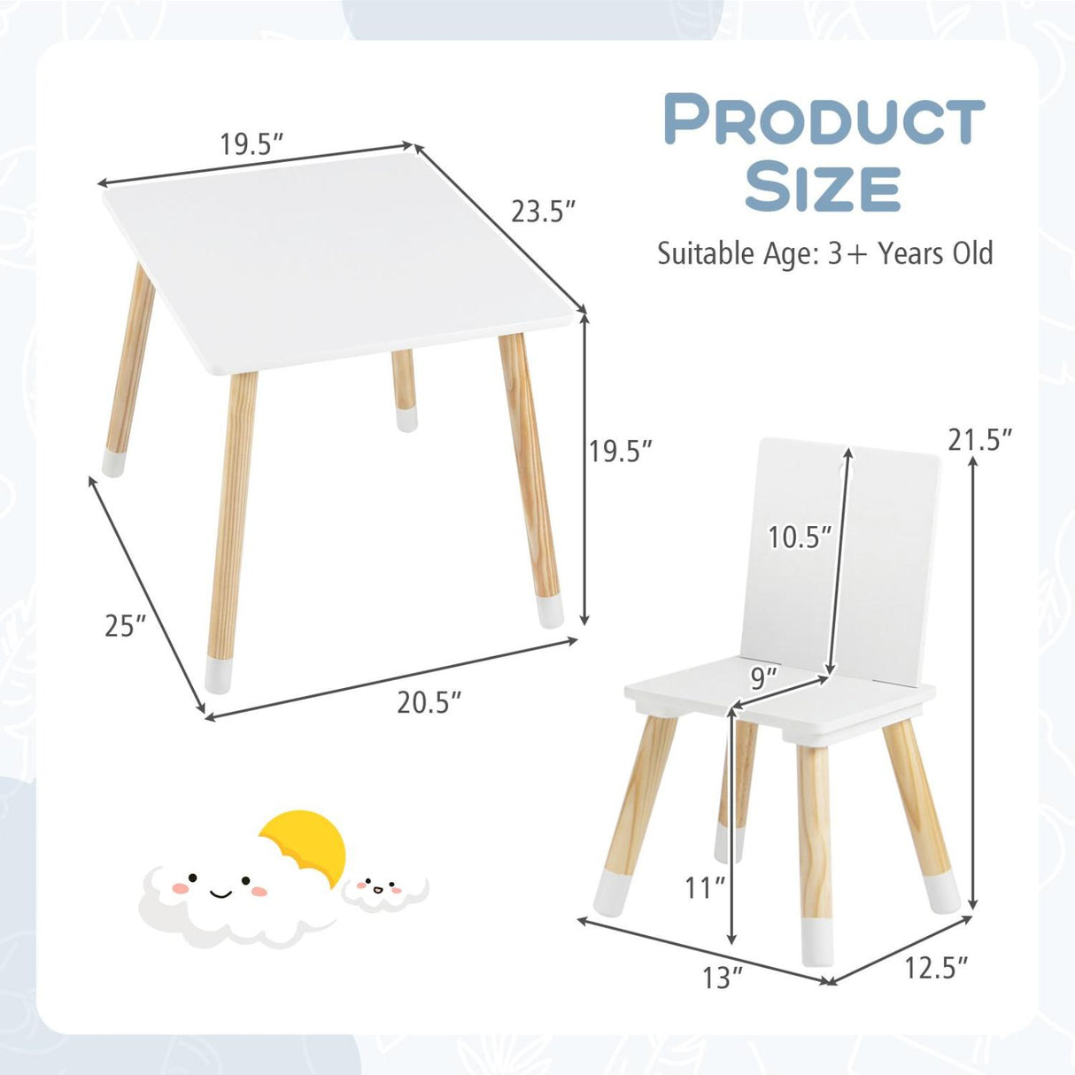 Kids Wooden Table and 2 Chairs Set-White