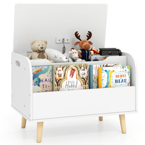 Kids Wooden Toy Box with Front Bookshelf and 4 Solid Wood Legs for Playroom-White