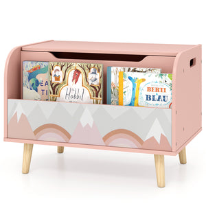 Kids Wooden Toy Box with Front Bookshelf and 4 Solid Wood Legs for Playroom-Pink