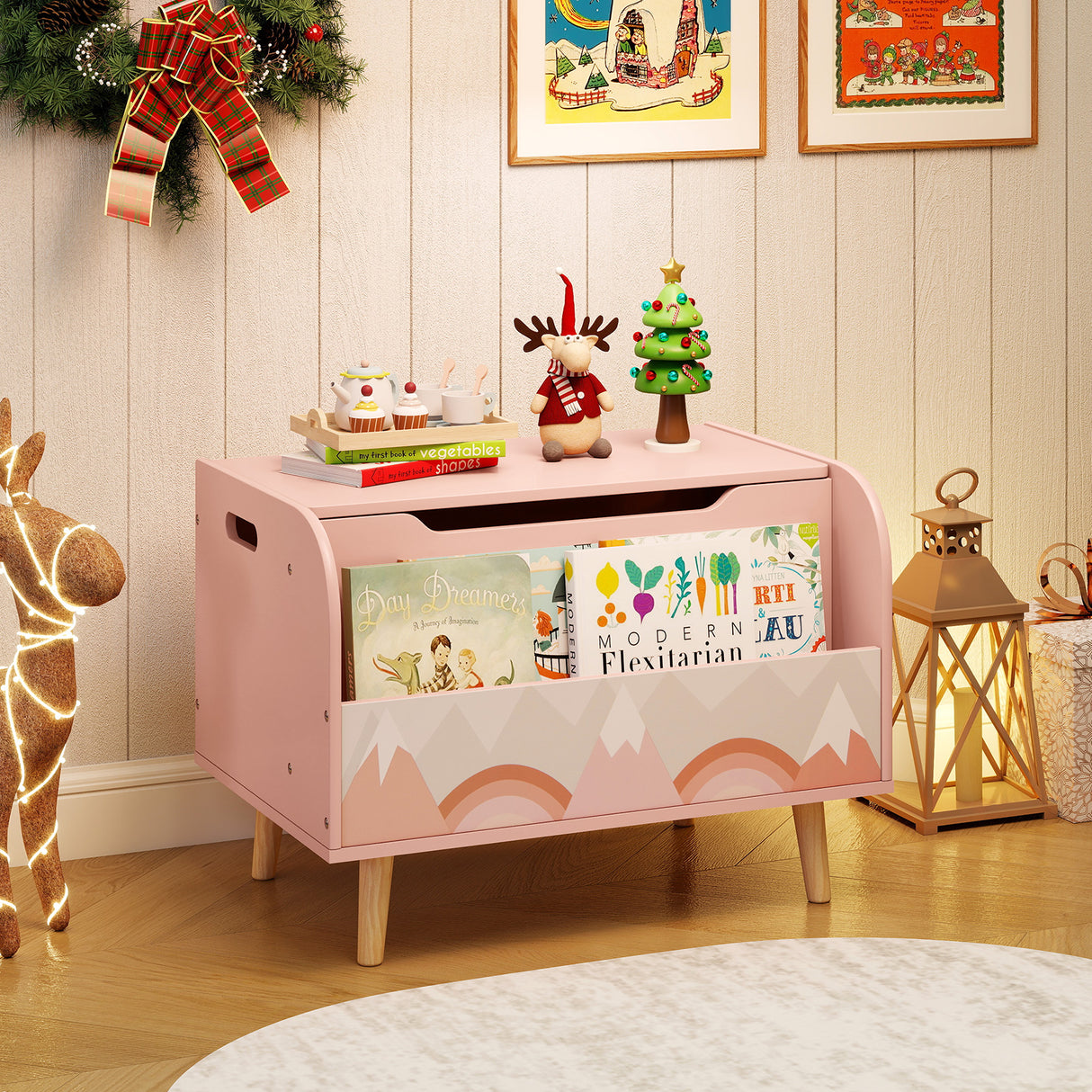Kids Wooden Toy Box with Front Bookshelf and 4 Solid Wood Legs for Playroom-Pink