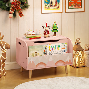 Kids Wooden Toy Box with Front Bookshelf and 4 Solid Wood Legs for Playroom-Pink