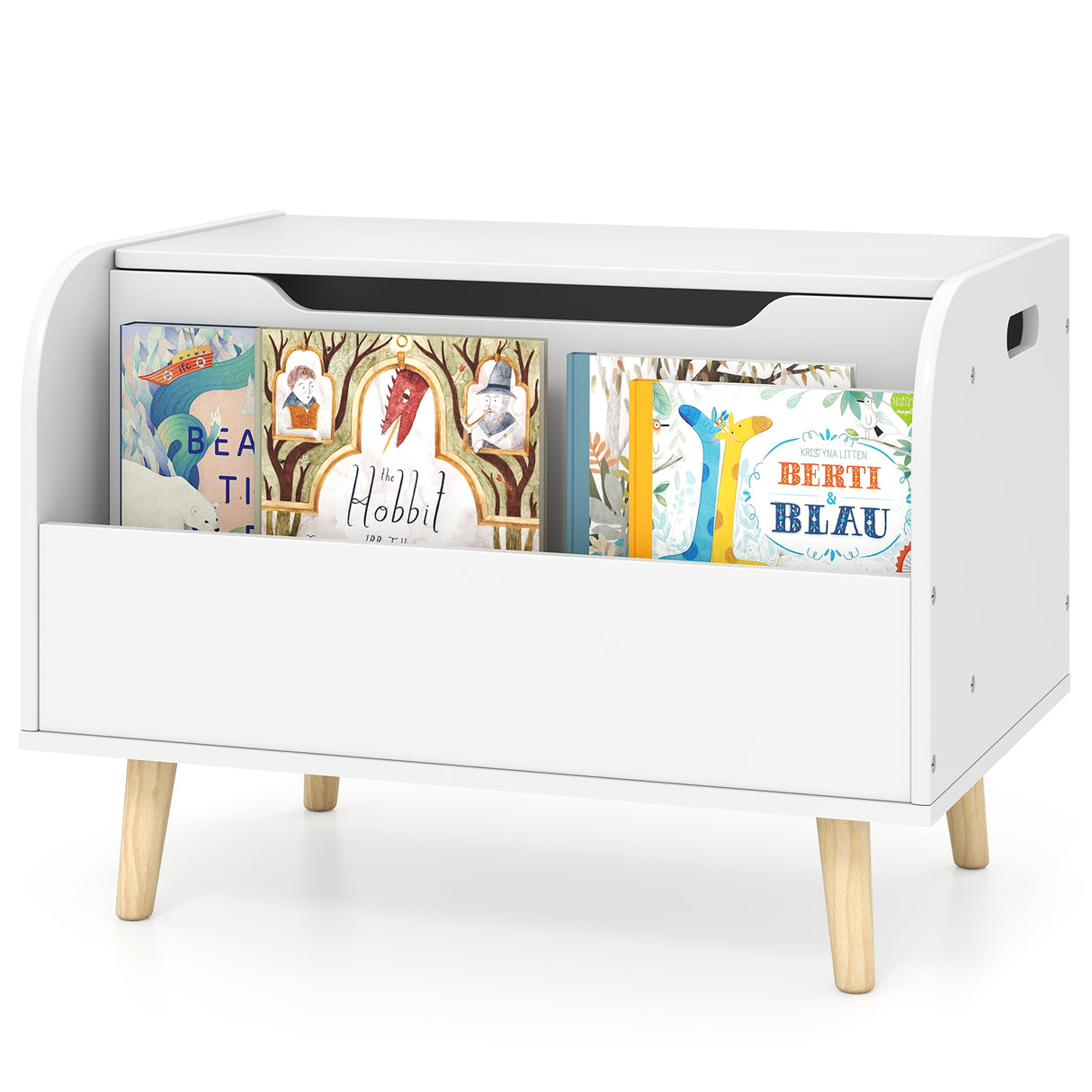 Kids Wooden Toy Box with Front Bookshelf and 4 Solid Wood Legs for Playroom-White