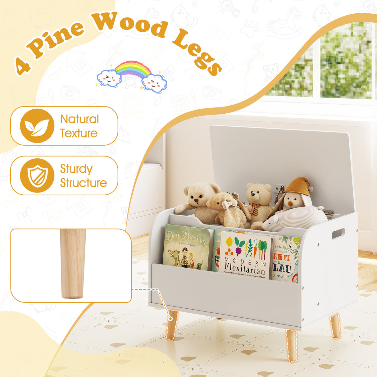 Kids Wooden Toy Box with Front Bookshelf and 4 Solid Wood Legs for Playroom-White