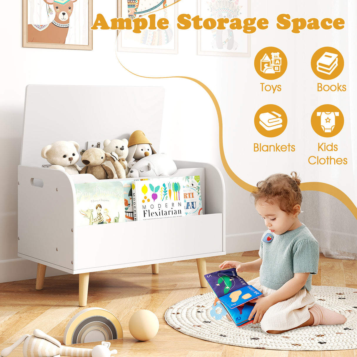 Kids Wooden Toy Box with Front Bookshelf and 4 Solid Wood Legs for Playroom-White