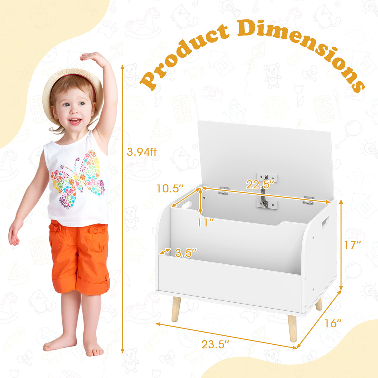 Kids Wooden Toy Box with Front Bookshelf and 4 Solid Wood Legs for Playroom-White