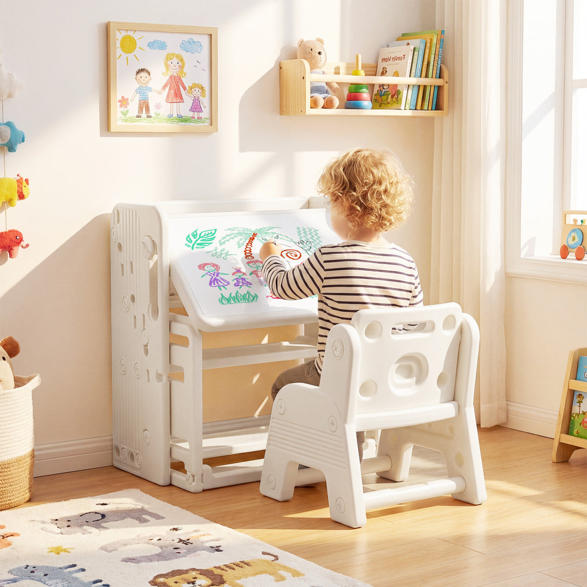 Kids Writing Desk and Chair Set with Side Bookshelves-White