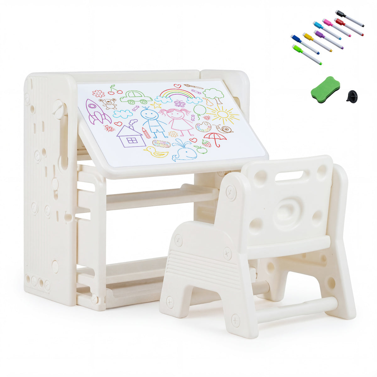 Kids Writing Desk and Chair Set with Side Bookshelves-White