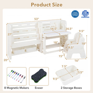 Kids Writing Desk and Chair Set with Side Bookshelves-White