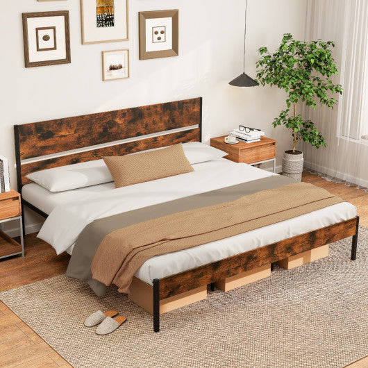 Twin/Full/Queen/King Metal Bed Frame with Wooden Headboard and Footboard-King Size