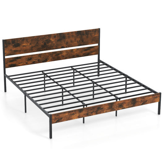 Twin/Full/Queen/King Metal Bed Frame with Wooden Headboard and Footboard-King Size