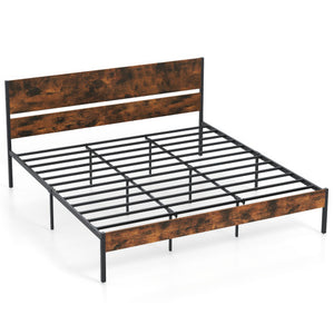Twin/Full/Queen/King Metal Bed Frame with Wooden Headboard and Footboard-King Size