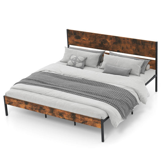 Twin/Full/Queen/King Metal Bed Frame with Wooden Headboard and Footboard-King Size