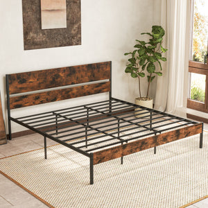 Twin/Full/Queen/King Metal Bed Frame with Wooden Headboard and Footboard-King Size