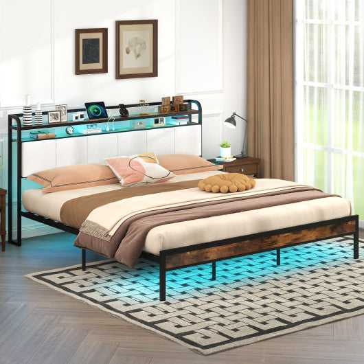 Twin/Full/Queen/King Size Bed Frame with LED Light and Charging Station-King Size