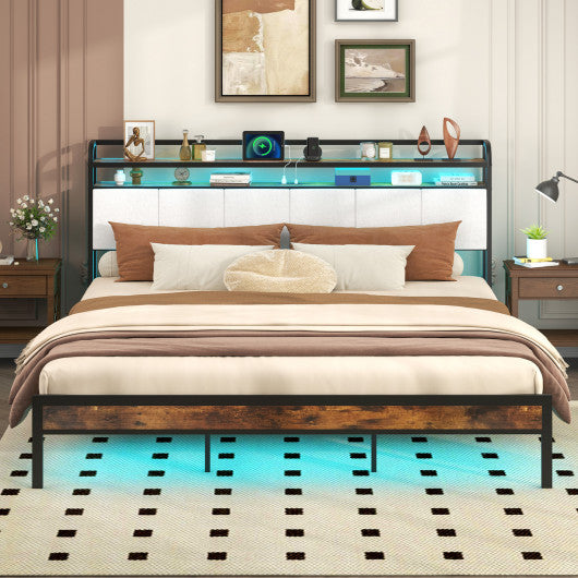 Twin/Full/Queen/King Size Bed Frame with LED Light and Charging Station-King Size