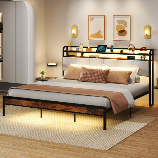 Twin/Full/Queen/King Size Bed Frame with LED Light and Charging Station-King Size