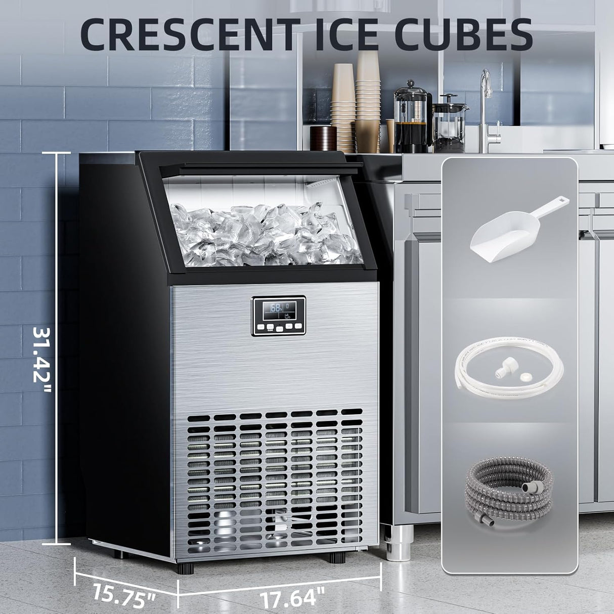 Commercial Ice Maker Machine,100lbs/24H Moon-Shaped Ice Machine with 28 Lbs Storage Capacity