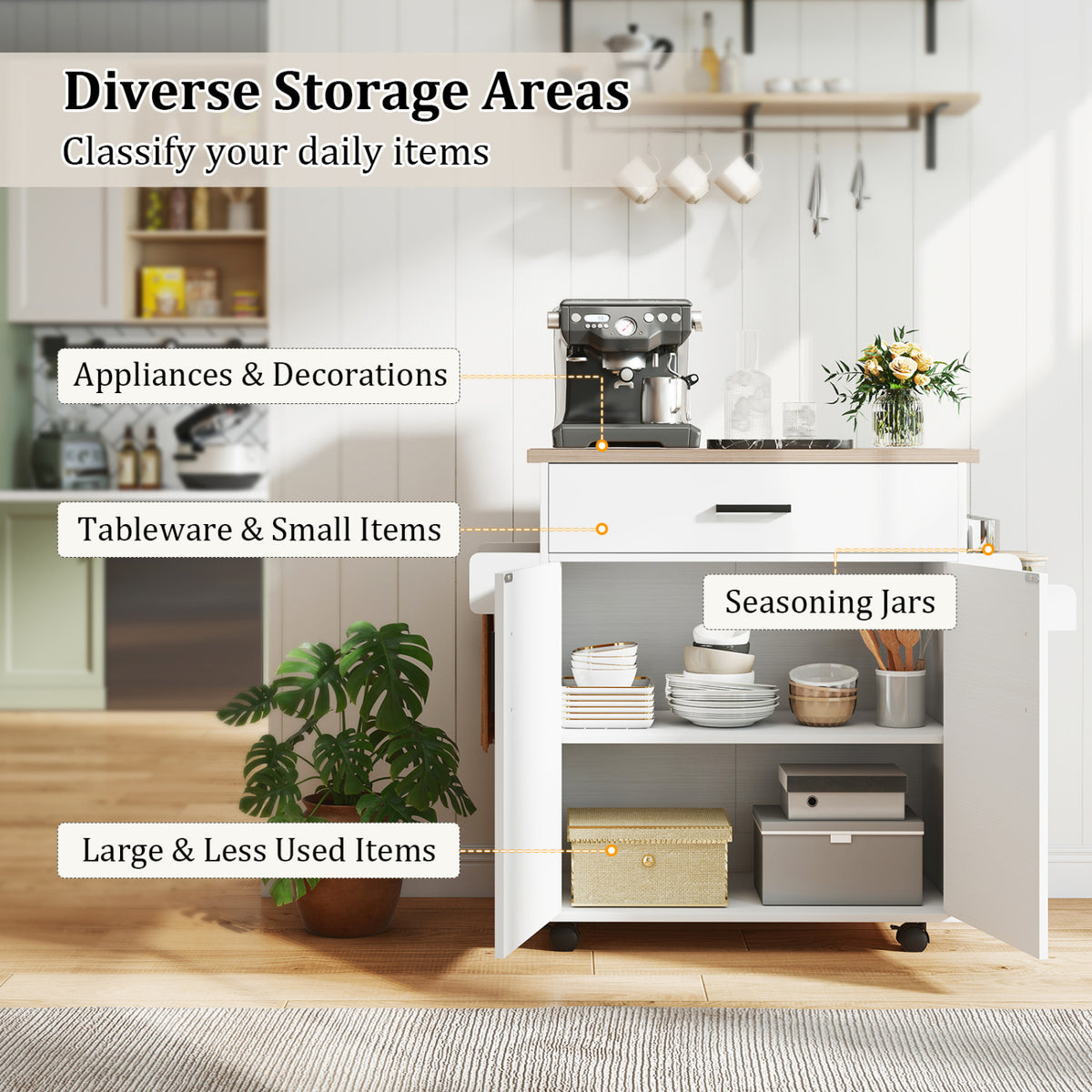 Kitchen Island Cart Rolling Kitchen Storage Island with Drawer-White