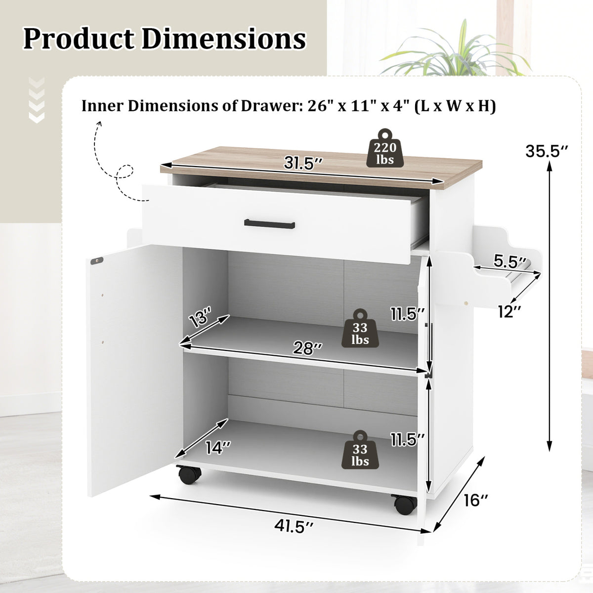 Kitchen Island Cart Rolling Kitchen Storage Island with Drawer-White