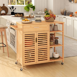 Kitchen Island Cart on Wheels with Sturdy Bamboo Frame-Natural