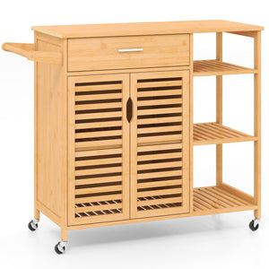 Kitchen Island Cart on Wheels with Sturdy Bamboo Frame-Natural