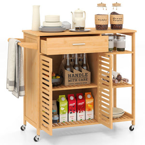 Kitchen Island Cart on Wheels with Sturdy Bamboo Frame-Natural