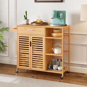 Kitchen Island Cart on Wheels with Sturdy Bamboo Frame-Natural